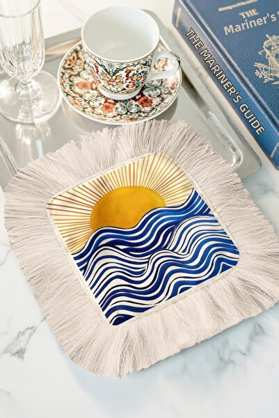 Evimde Bambaşka Fringed Coffee Side Serving Napkin with Sunny Wave Motif - Bl...