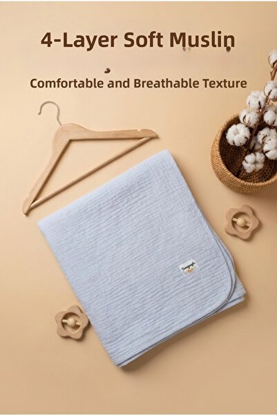 YUNUSOĞLU HOME Blue 4-Layer Muslin Baby Blanket, Lightweight and Soft Texture...