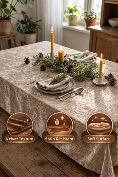 TECHTACT مفرش طاولة مخملي بني اللون مقاوم للبقع، ذو سطح ناعم