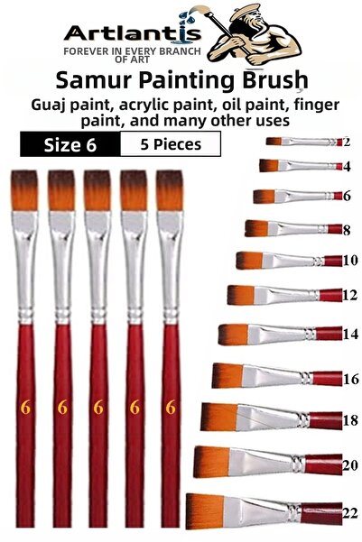 Artlantis Четка за рисуване с плосък връх номер 6, 1 опаковка от 5 броя, комп...