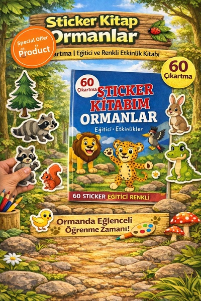 ANI OFİS KIRTASİYE A K كتاب ملصقات الغابات مع 60 ملصقًا - كتاب حيوانات تعليمي...