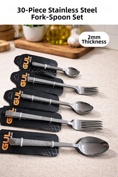 MODA 30 Pieces 2 mm Thickness Line Patterned Fork and Spoon Set with Stainles...