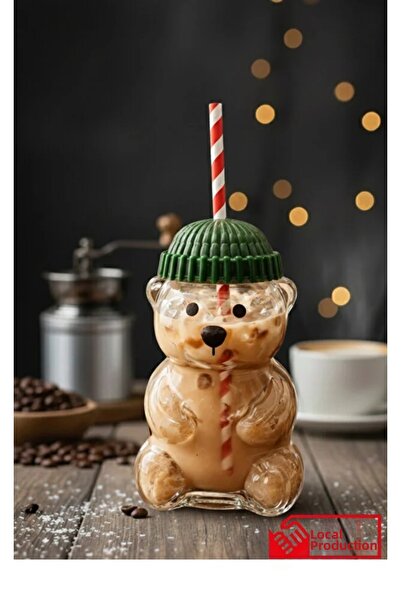 Mefa Mutfak Glass Barista Cold Drink Cup with Teddy Bear 550 ml