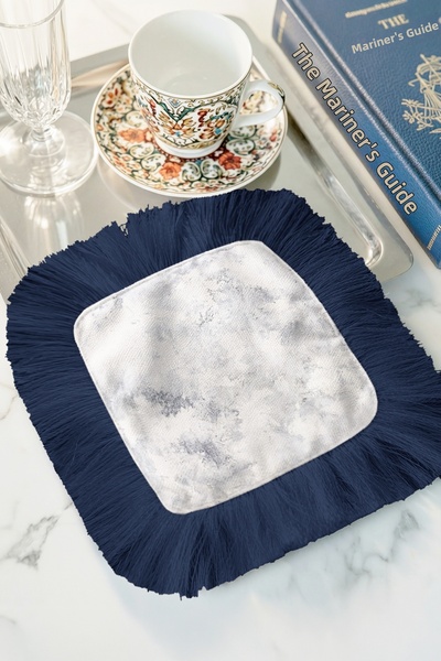 Evimde Bambaşka منديل تقديم فاخر بتأثير رخامي وحواف مزخرفة باللونين الأزرق وا...