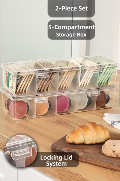 Meleni Home 2-Pack 5-Compartment Transparent Storage Box - Kitchen Bathroom O...