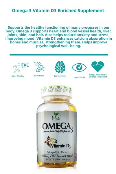 HCK NATURAL Omega 3 1000 Mg 200 Capsules Norwegian Fish Oil Vitamin D3 Fish Oil Supplement