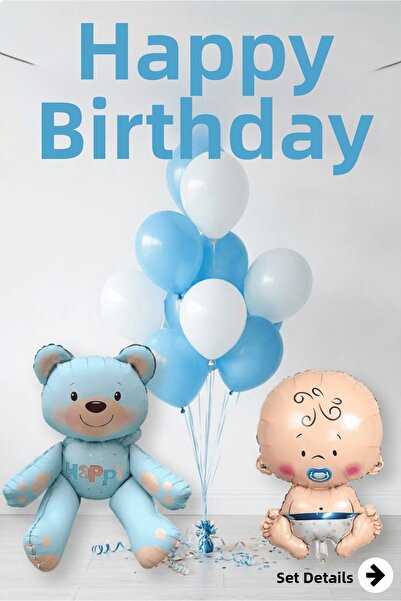 Bunloon Blue Concept Happy Birthday Banner Baby Bear Foil Balloon Set