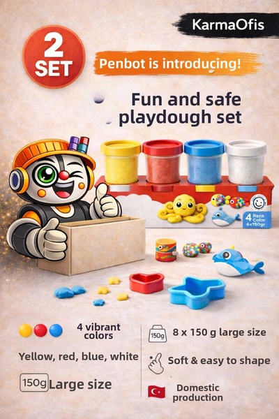 KarmaOfis Kidz 2-Piece Large Size Play Dough Set 8X150 Gr 4 Colored Children'...