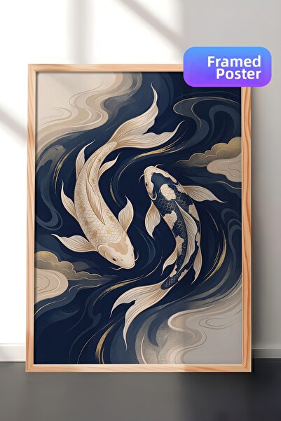 Zestia Wooden Framed Wall Painting Peaceful Koi Herd in Cloudy Blue Stream Li...