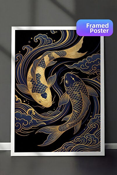 Zestia White Framed Wall Painting Luxury Koi Stream in Navy Blue and Gold Wav...