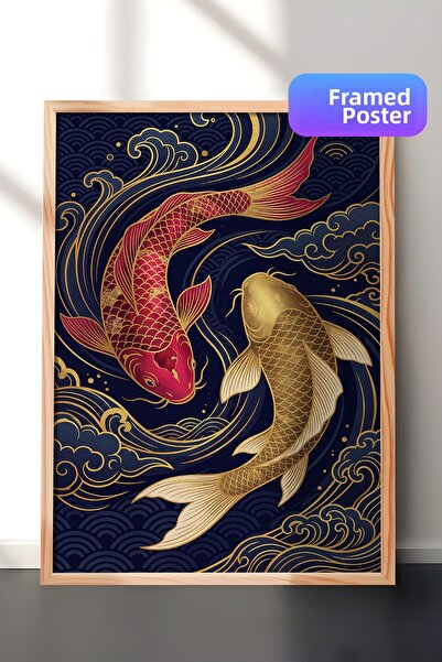 Zestia Wooden Framed Wall Painting Golden Koi Splendor in the Night Blue Salo...