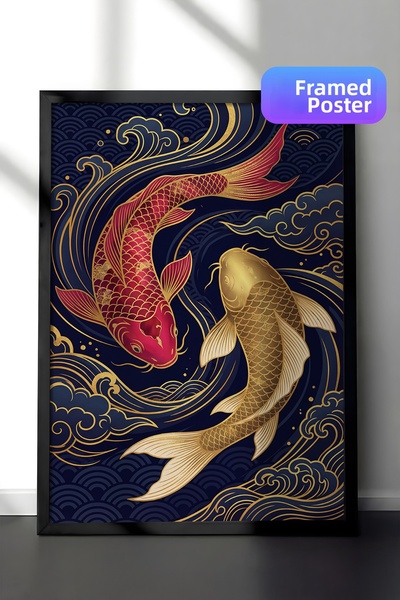 Zestia Black Framed Wall Painting Golden Koi Splendor in the Night Blue Salon...