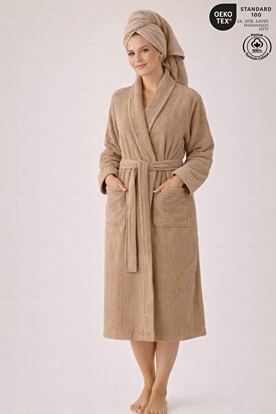 Ellaline Striped Women's Bathrobe Set 100% Cotton Certified 2-Piece, Shawl Co...