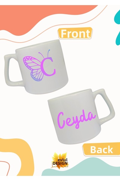 Eylül Design كوب سيراميك فاخر مطبوع عليه حرف C على شكل فراشة وكوب شاي وقهوة
