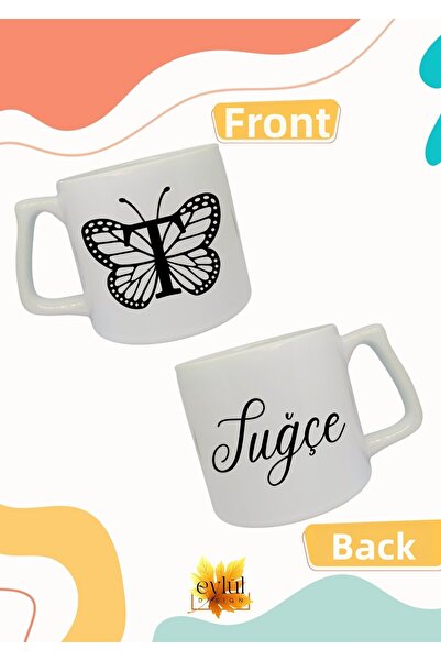 Eylül Design كوب سيراميك فاخر مطبوع عليه حرف T أسود على شكل فراشة، كوب شاي وقهوة