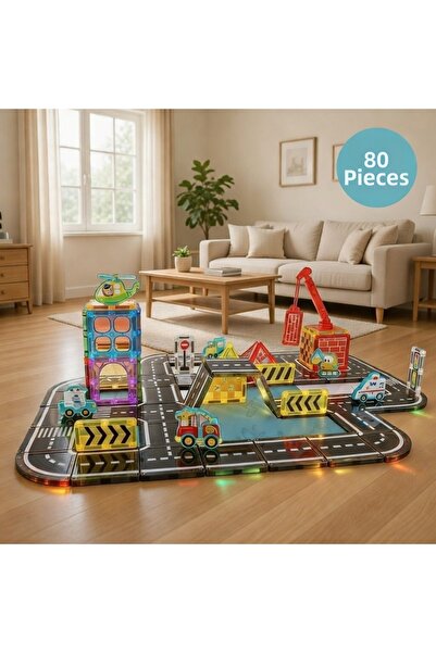 PURE & GLOW HOME Magnetic City 80 Piece Stem Building Blocks Play Set