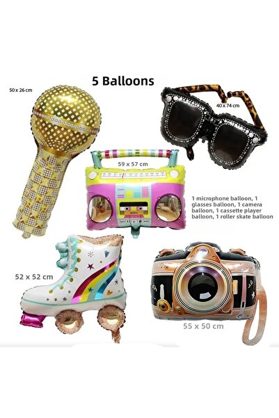 partidolu Retro Disco 70's 80's 5 Different Model Foil Balloons 5 Pieces