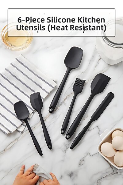 PS Drop 6-Piece Black Heat Resistant Fireproof Non-Stick Silicone Kitchen Set