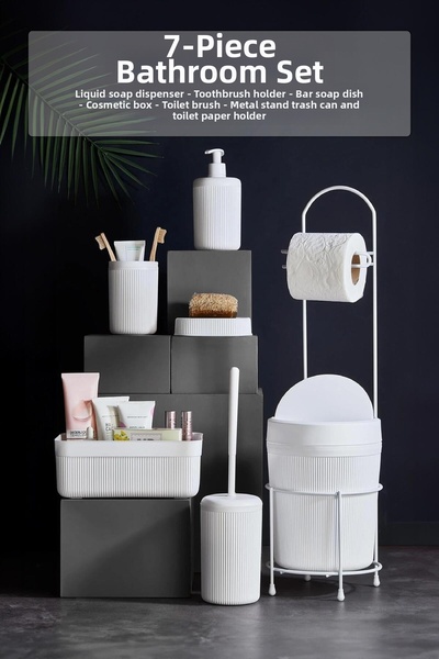 Depa 7 Piece White Bathroom Set with Metal Stand and Bucket, Wc Paper Holder,...