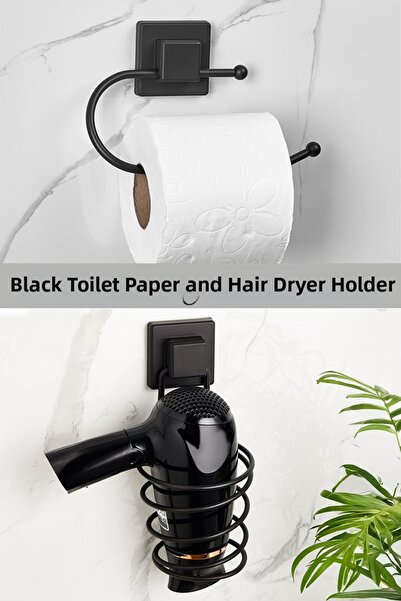 ORSA HOME 903 + 915 Double Set Black Square Adhesive Wc Paper Holder and Hair...
