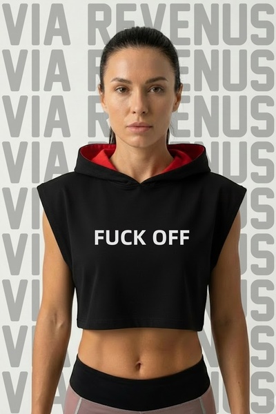 Vordevia F*CK OFF Αθλητικό γυναικείο crop top με στάμπα και κουκούλα χωρίς μα...