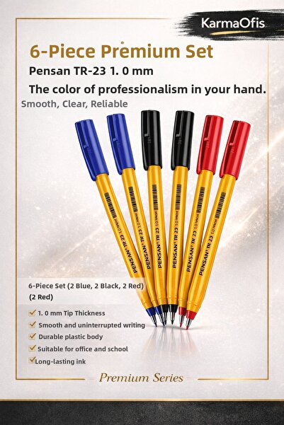 KarmaOfis Tr-23 1.0 mm Ballpoint Pen Set – 6 Pieces – Blue, Black, Red