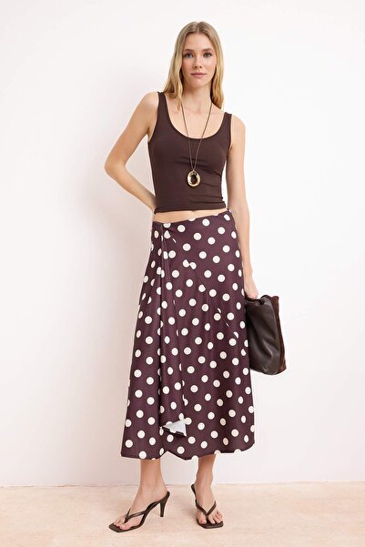 Trendyol Collection Brauner, gepunkteter A-Linien-/A-Linienförmiger Satin-Str...