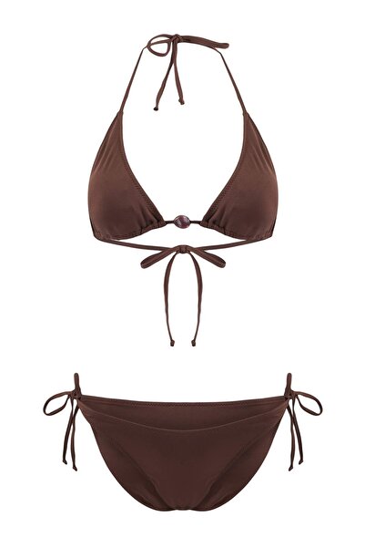 Trendyol Collection Καφέ Τρίγωνο Σετ Μπικίνι Κανονικής Μέσης με Αξεσουάρ TBES...