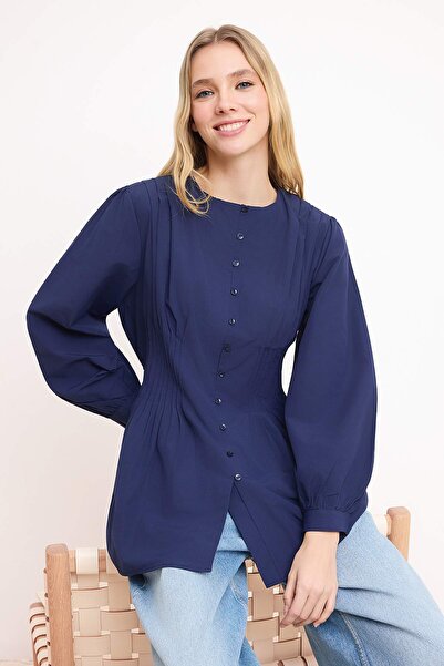 Trendyol Modest Navy Blue Fitted Terrycotton Plain Woven Waist-Fitted Pleated...