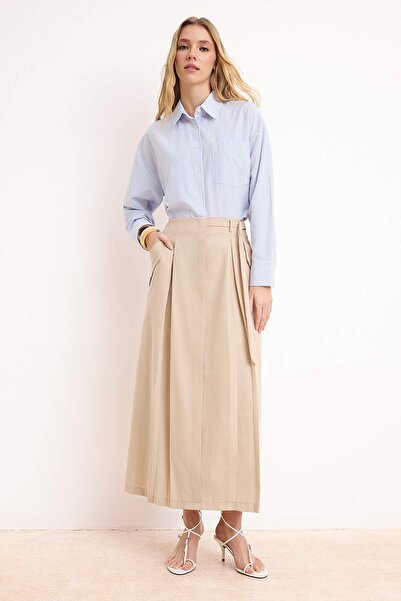 Trendyol Modest Beige Unlined Plain Woven Pleated and Pocket Detailed Hijab S...