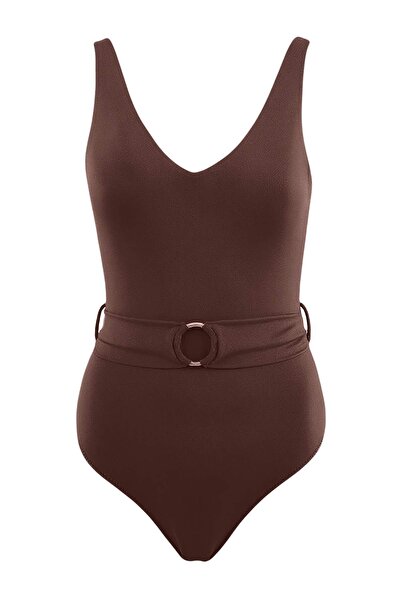 Trendyol Collection Brauner Badeanzug mit V-Ausschnitt und Zubehör TBESS26MA0...