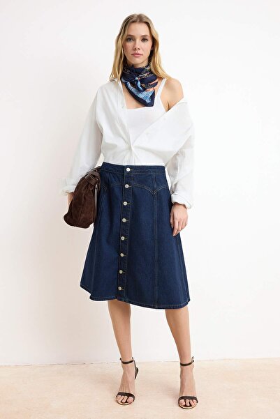 Trendyol Collection Синя кнопка Детальна міді-спідниця з 100% бавовняного ден...
