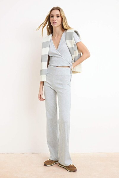 Trendyol Collection Gray Melange Fitted/Spanish-Cut Cotton Ribbed Knitted Top...