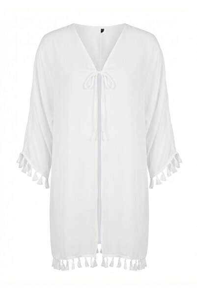 Trendyol Collection Ecru gewebter Strand-Mini-Kimono und Kaftan mit Quasten T...