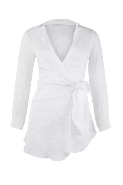 Trendyol Collection Λευκό υφαντό μίνι φόρεμα παραλίας από τούλι TBESS26EL00026