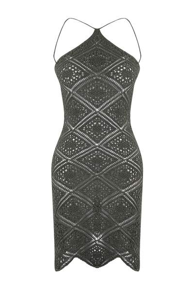 Trendyol Collection Khakifarbenes gestricktes Mini-Strandkleid mit Neckholder...