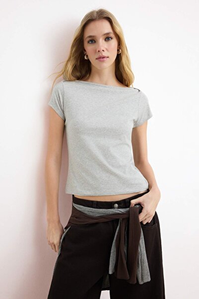 Trendyol Collection Grey Melange Boat Neck Fitted/Bodycon Cotton Stretch Knit...