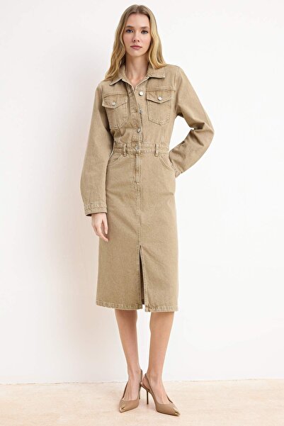 Kolekcia Trendyol Béžové košeľové šaty s golierom Maxi Denim TWOSS26EL00039