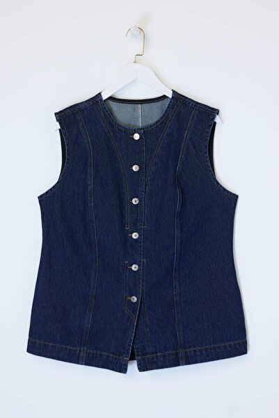 Trendyol Curve Dark Blue Bodycon/Fitted Plus Size Denim Vest Tbbss26Bh00007