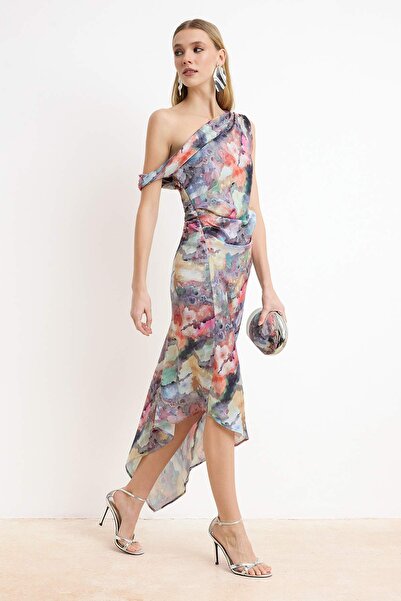 Trendyol Collection Multi-Colored Abstract Floral Pattern Asymmetrical Collar...