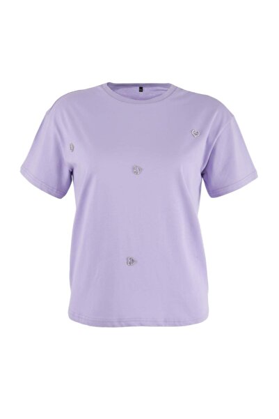 Trendyol Curve Tricou tricotat 100% bumbac, cu detaliu accesoriu inimă mov, c...