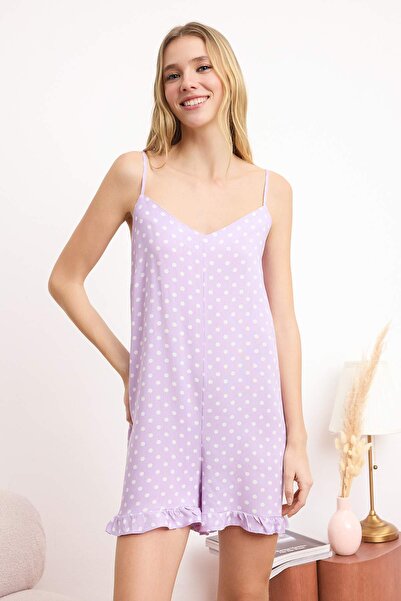 Trendyol Collection Λιλά-Πολύχρωμο 100% βισκόζη με πουά βολάν, υφαντό φόρεμα ...