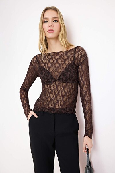 Trendyol Collection Brown Fitted/Bodycon Boat Neck Long Sleeve Lace Knitted B...
