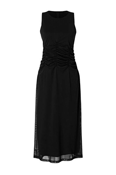 Trendyol Curve Black Floral Pattern Knitted Tulle Stylish Evening Dress Tbbss...