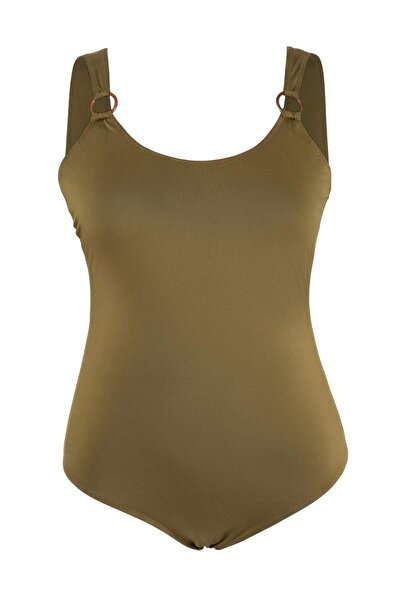 Trendyol Curve Khakifarbener U-Kragen-Badeanzug in Übergröße mit Accessoires ...
