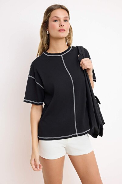 Trendyol Collection Tricou negru, 100% bumbac, cusături Karkoya, tricotat sup...