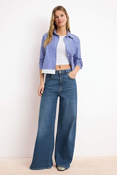 Trendyol Collection Blue-Multicolor Striped Contrast Lightweight Cropped Shir...
