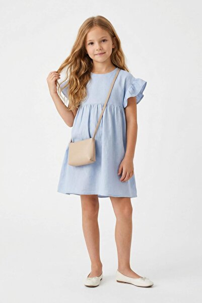 TRENDYOLKIDS Blue Girl's Muslin Short / Mini Plain Woven Holiday Dress Tkdss2...