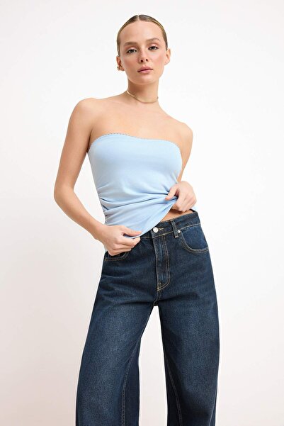 Trendyol Collection Mavi Fitted/Body-Fitting Strapless Sleeveless Soft Knitte...