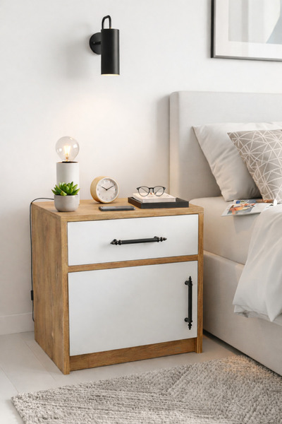 Mobben Beyaz Ahşap Çekmeceli Kapaklı Komodin Yatak Yanı Yan Sehpası Retro Mod...